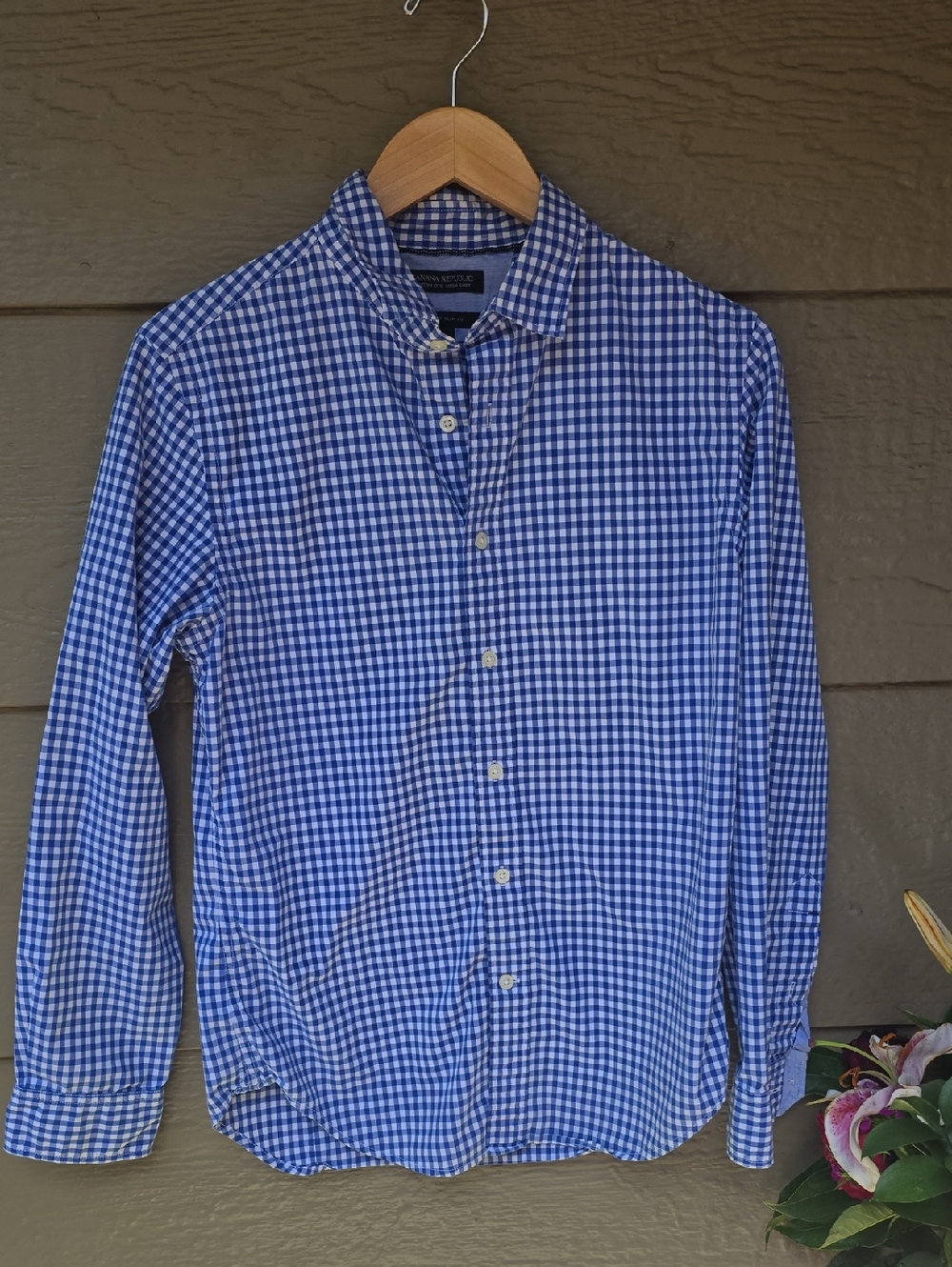 Banana Republic Blue Plaid Custom 078 Wash Shirt Tailored Slim Fit Small S